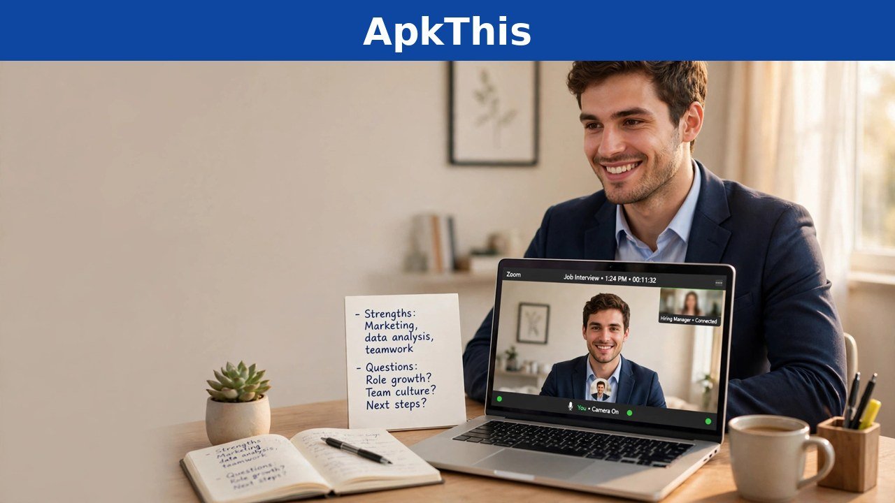 remote job interview questions — candidate in a video job interview from a home office