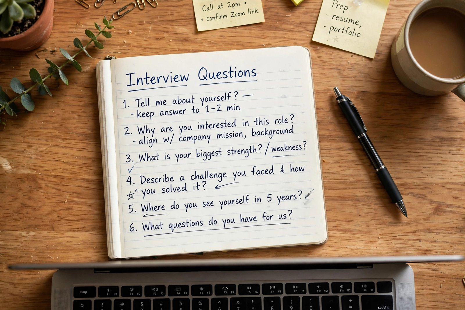 remote job interview questions — preparing sample answers in a notebook before a video interview
